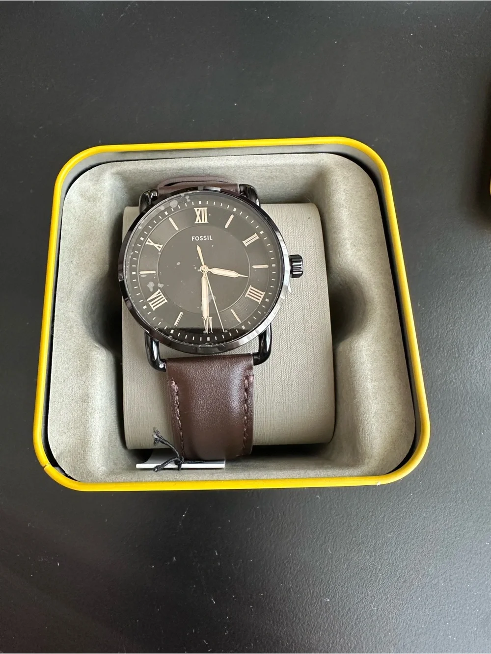 Fossil Brown Dial Watch with Black Case and Rose-Gold Accents
